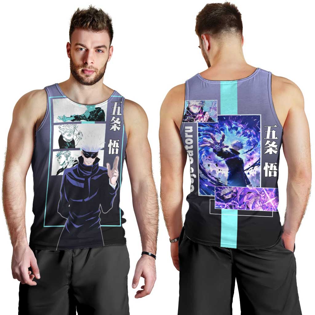 Satoru Gojo from Jujutsu Kaisen Men Tank Top with Purple and Blue Background and Multiple Poses Design - The Mazicc