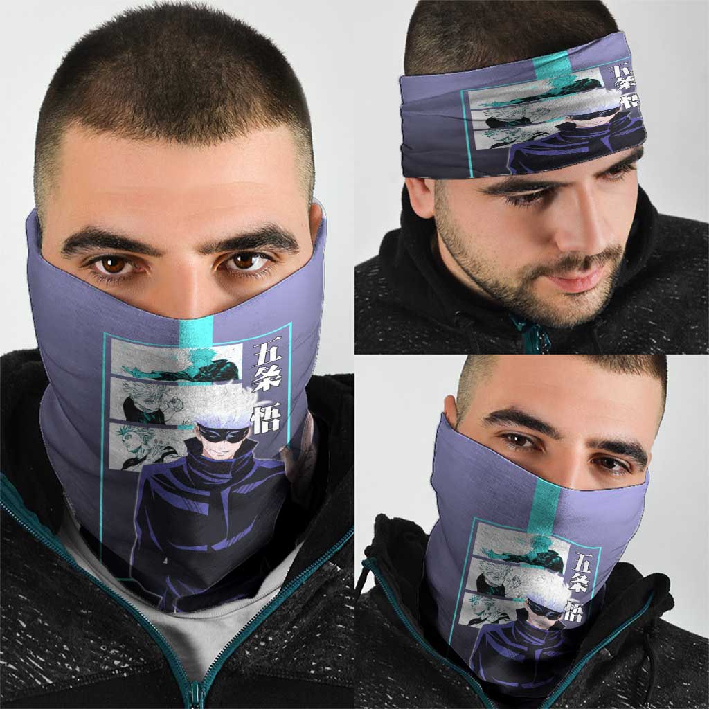 Satoru Gojo from Jujutsu Kaisen Neck Gaiter with Purple and Blue Background and Multiple Poses Design - The Mazicc