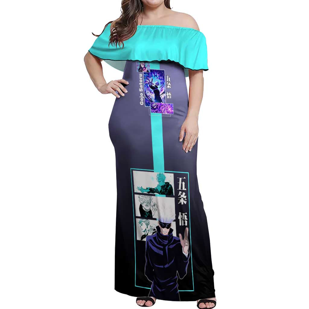 Satoru Gojo from Jujutsu Kaisen Off Shoulder Maxi Dress with Purple and Blue Background and Multiple Poses Design - The Mazicc