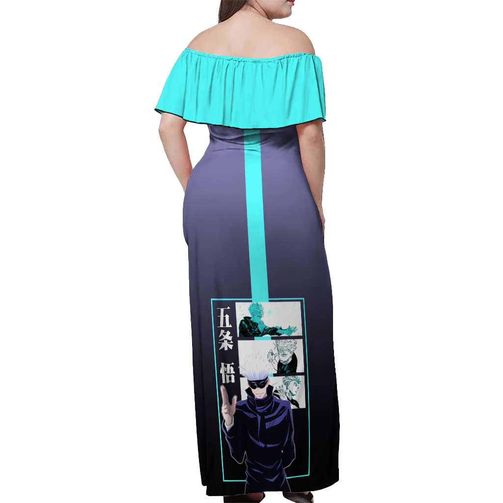 Satoru Gojo from Jujutsu Kaisen Off Shoulder Maxi Dress with Purple and Blue Background and Multiple Poses Design - The Mazicc
