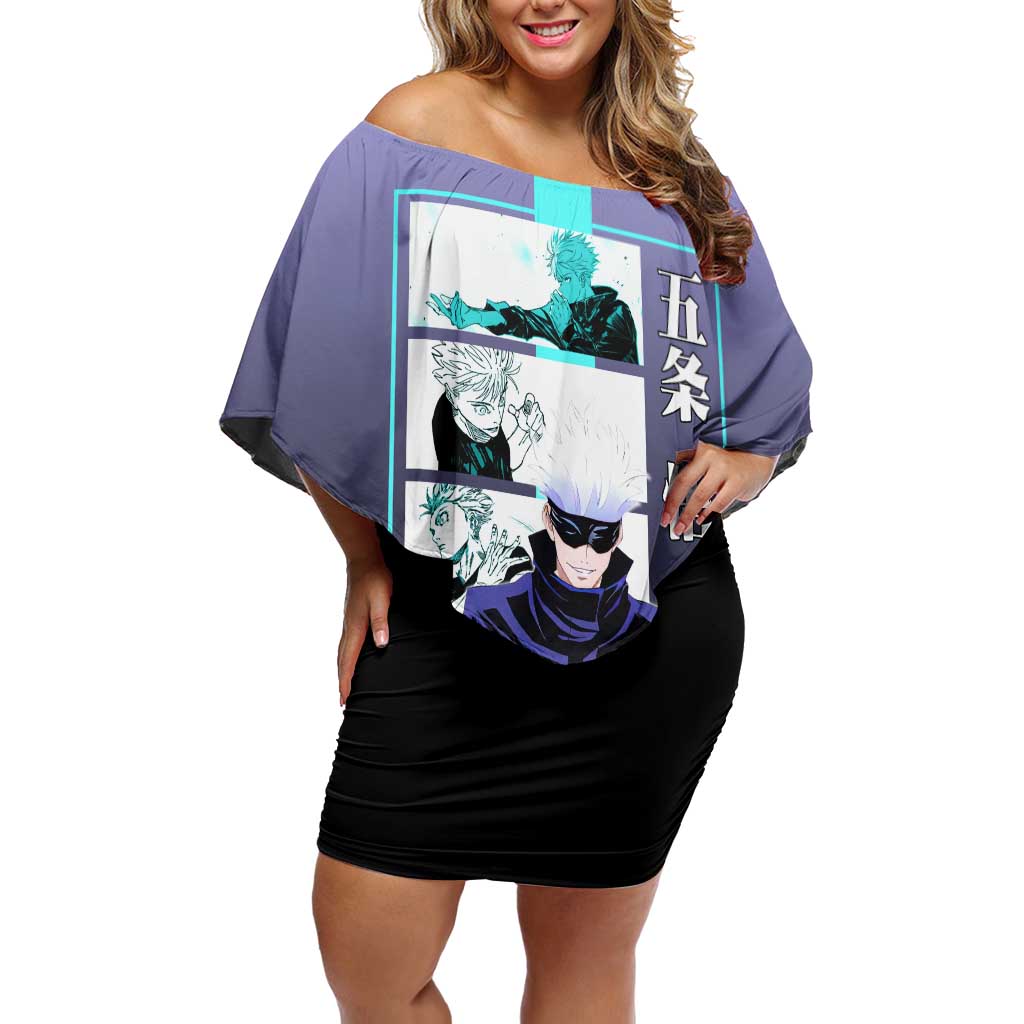 Satoru Gojo from Jujutsu Kaisen Off Shoulder Short Dress with Purple and Blue Background and Multiple Poses Design - The Mazicc