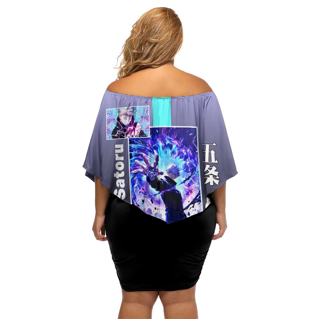 Satoru Gojo from Jujutsu Kaisen Off Shoulder Short Dress with Purple and Blue Background and Multiple Poses Design - The Mazicc