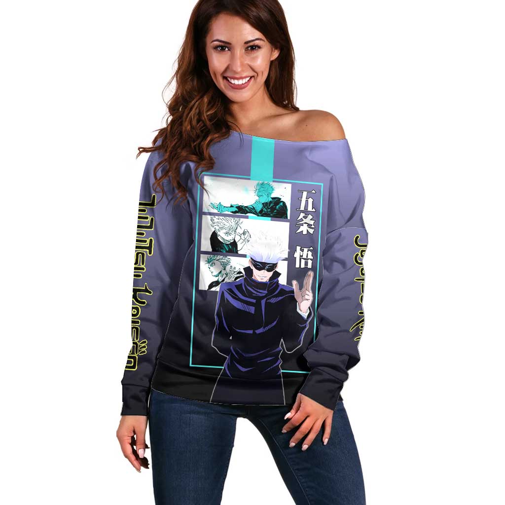Satoru Gojo from Jujutsu Kaisen Off Shoulder Sweater with Purple and Blue Background and Multiple Poses Design - The Mazicc