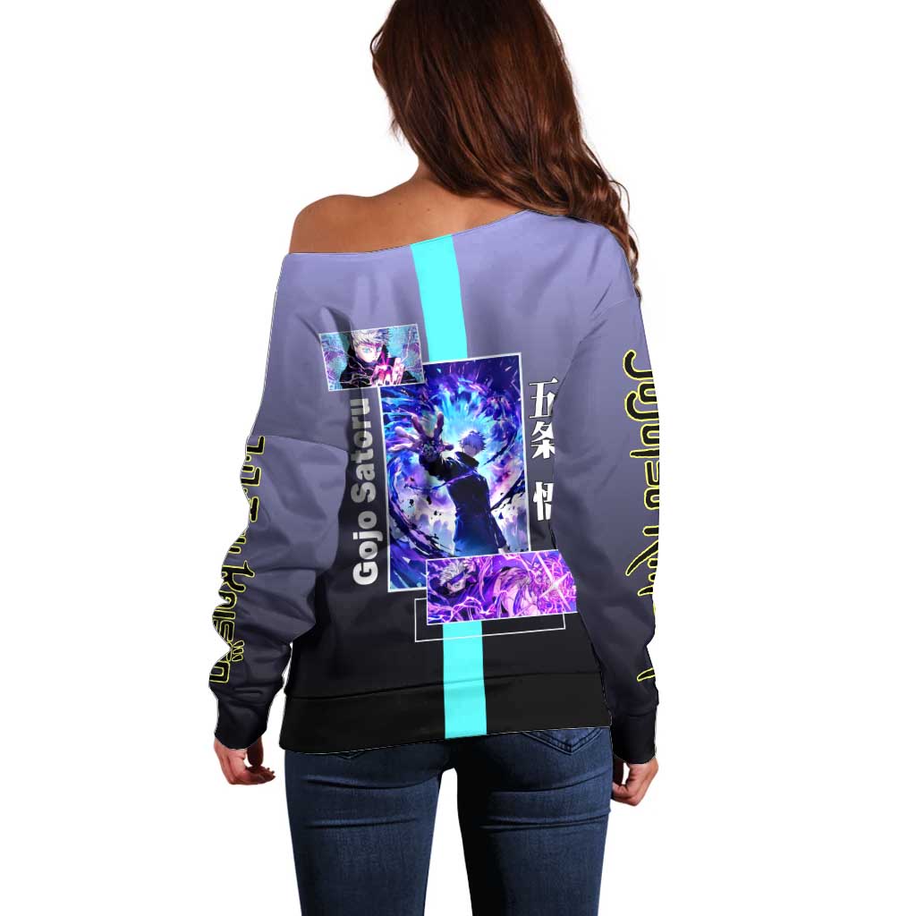 Satoru Gojo from Jujutsu Kaisen Off Shoulder Sweater with Purple and Blue Background and Multiple Poses Design - The Mazicc
