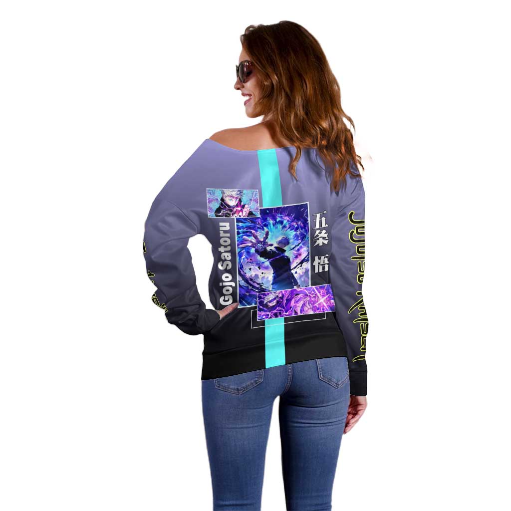 Satoru Gojo from Jujutsu Kaisen Off Shoulder Sweater with Purple and Blue Background and Multiple Poses Design - The Mazicc