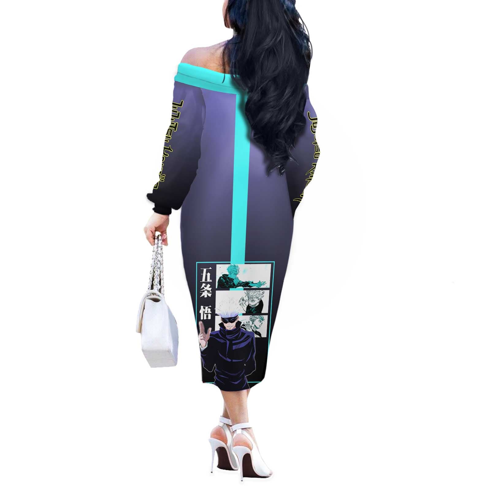 Satoru Gojo from Jujutsu Kaisen Off The Shoulder Long Sleeve Dress with Purple and Blue Background and Multiple Poses Design - The Mazicc
