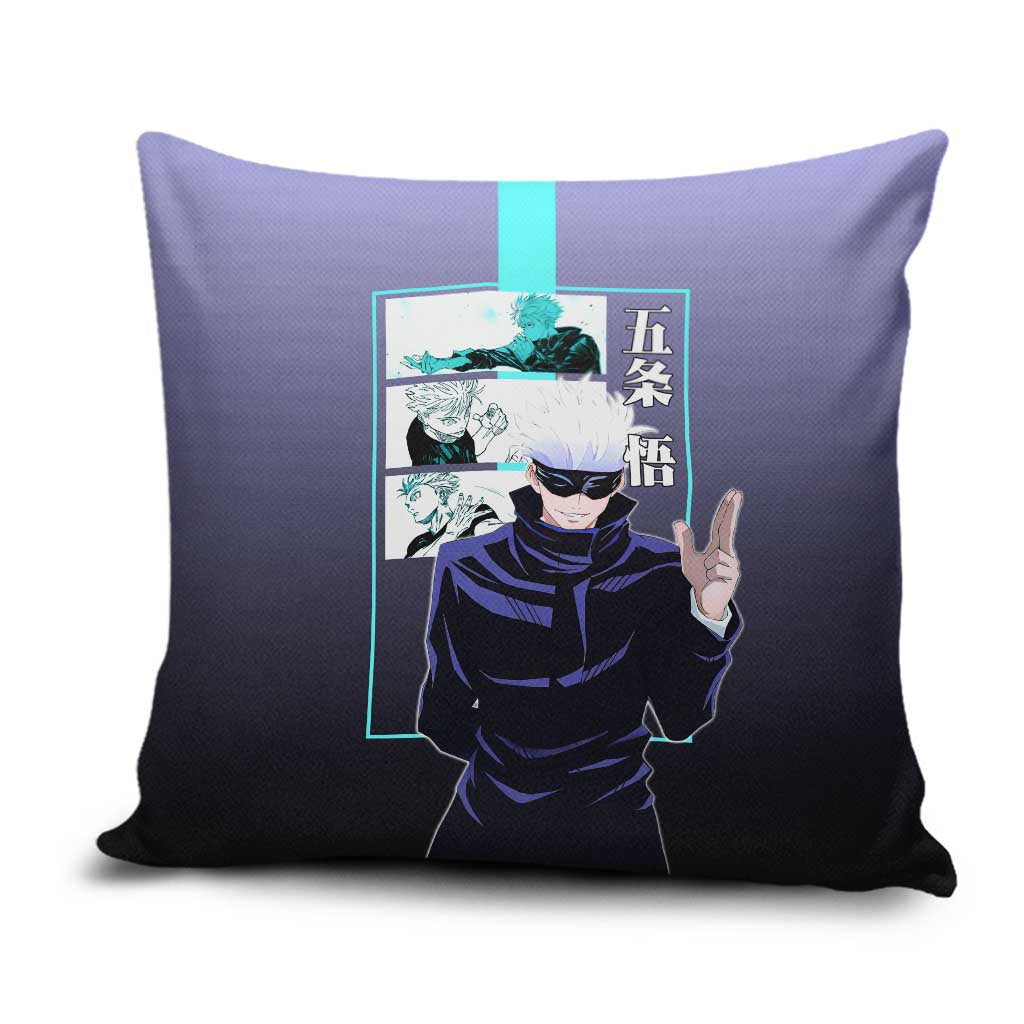 Satoru Gojo from Jujutsu Kaisen Pillow Cover with Purple and Blue Background and Multiple Poses Design - The Mazicc