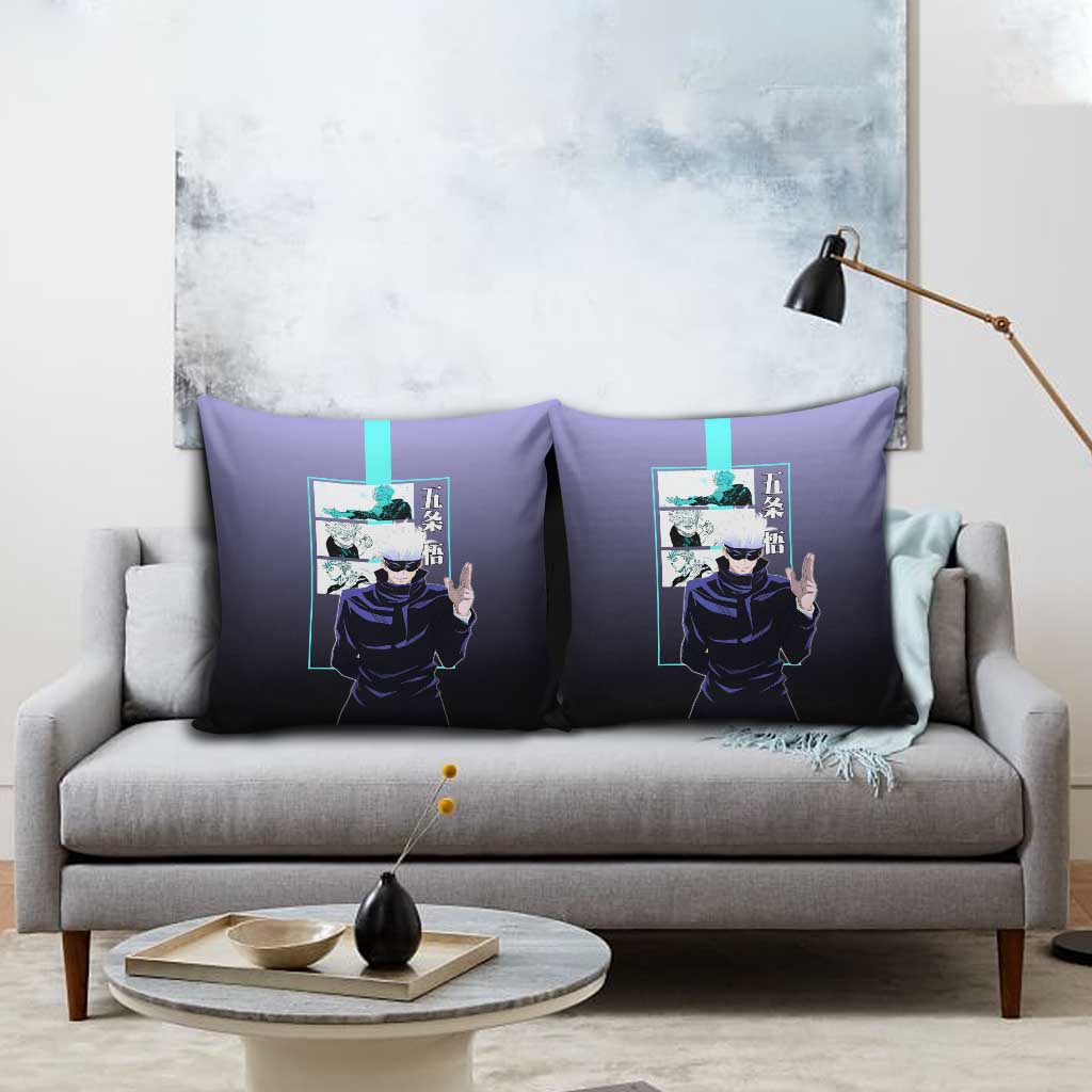 Satoru Gojo from Jujutsu Kaisen Pillow Cover with Purple and Blue Background and Multiple Poses Design - The Mazicc