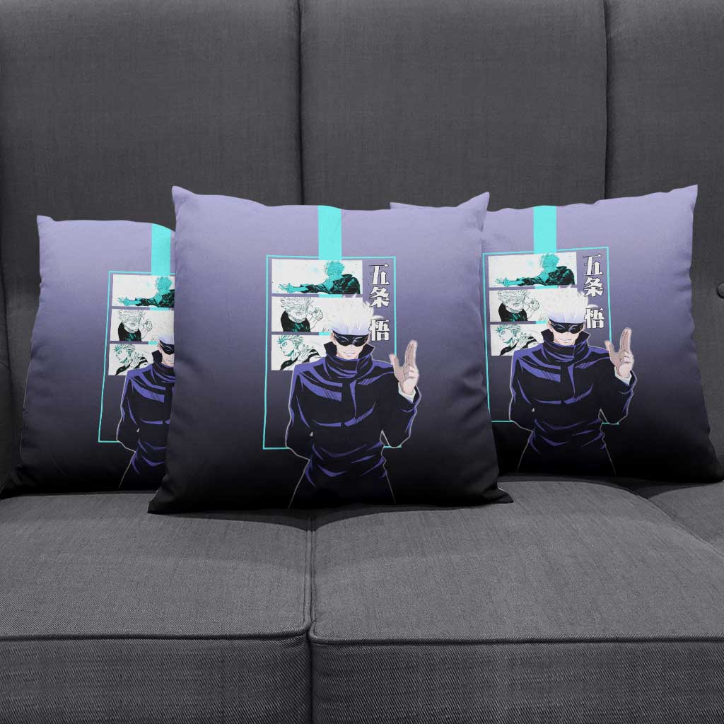Satoru Gojo from Jujutsu Kaisen Pillow Cover with Purple and Blue Background and Multiple Poses Design - The Mazicc