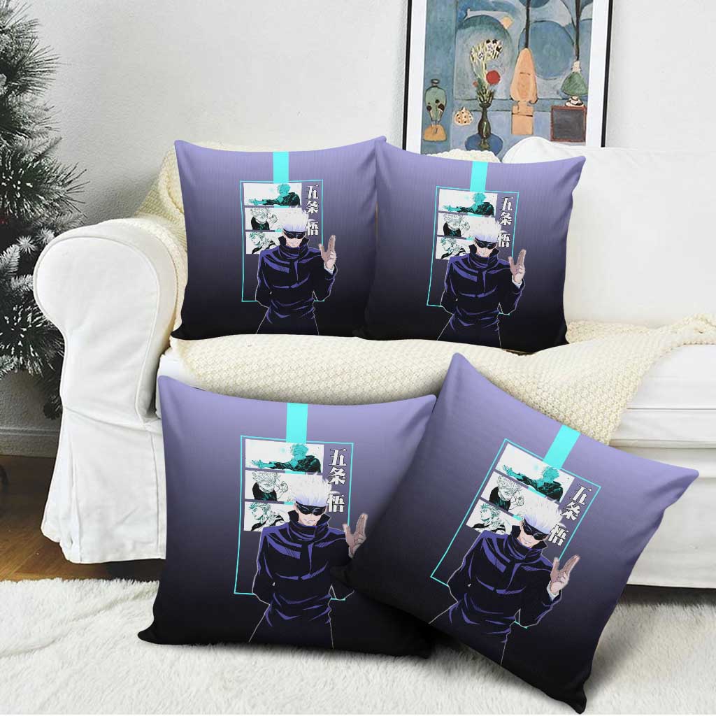 Satoru Gojo from Jujutsu Kaisen Pillow Cover with Purple and Blue Background and Multiple Poses Design - The Mazicc