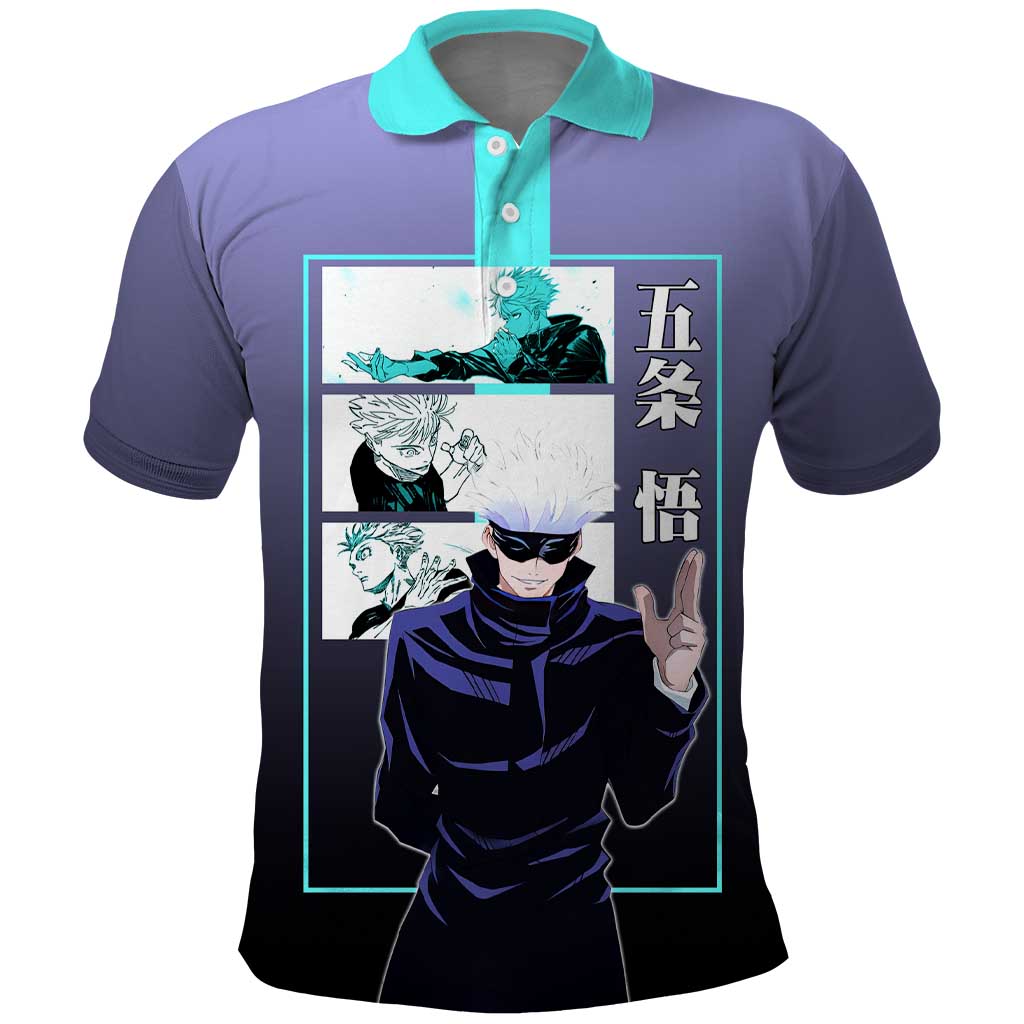 Satoru Gojo from Jujutsu Kaisen Polo Shirt with Purple and Blue Background and Multiple Poses Design - The Mazicc