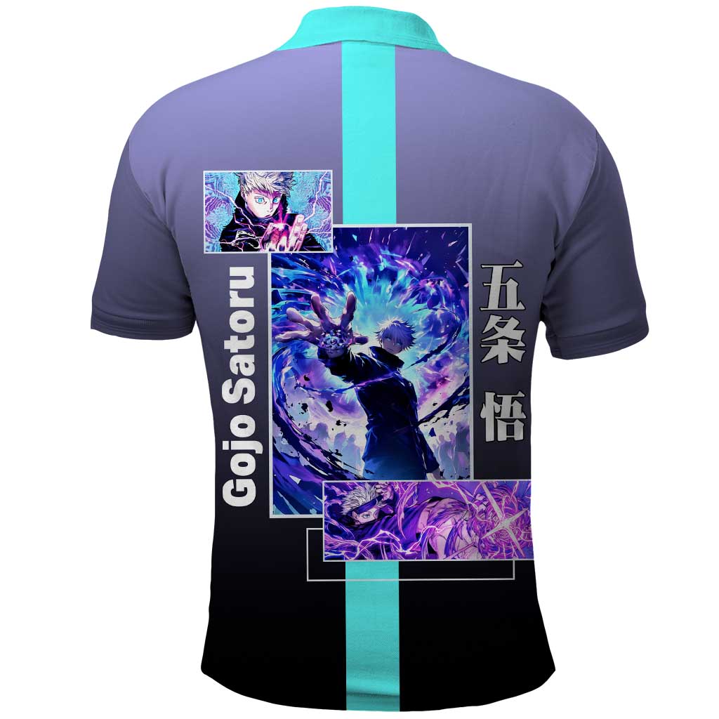 Satoru Gojo from Jujutsu Kaisen Polo Shirt with Purple and Blue Background and Multiple Poses Design - The Mazicc