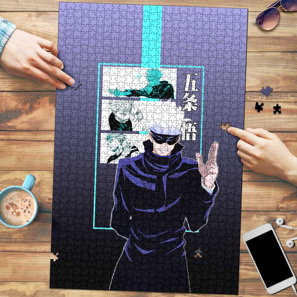 Satoru Gojo from Jujutsu Kaisen Puzzle with Purple and Blue Background and Multiple Poses Design - The Mazicc