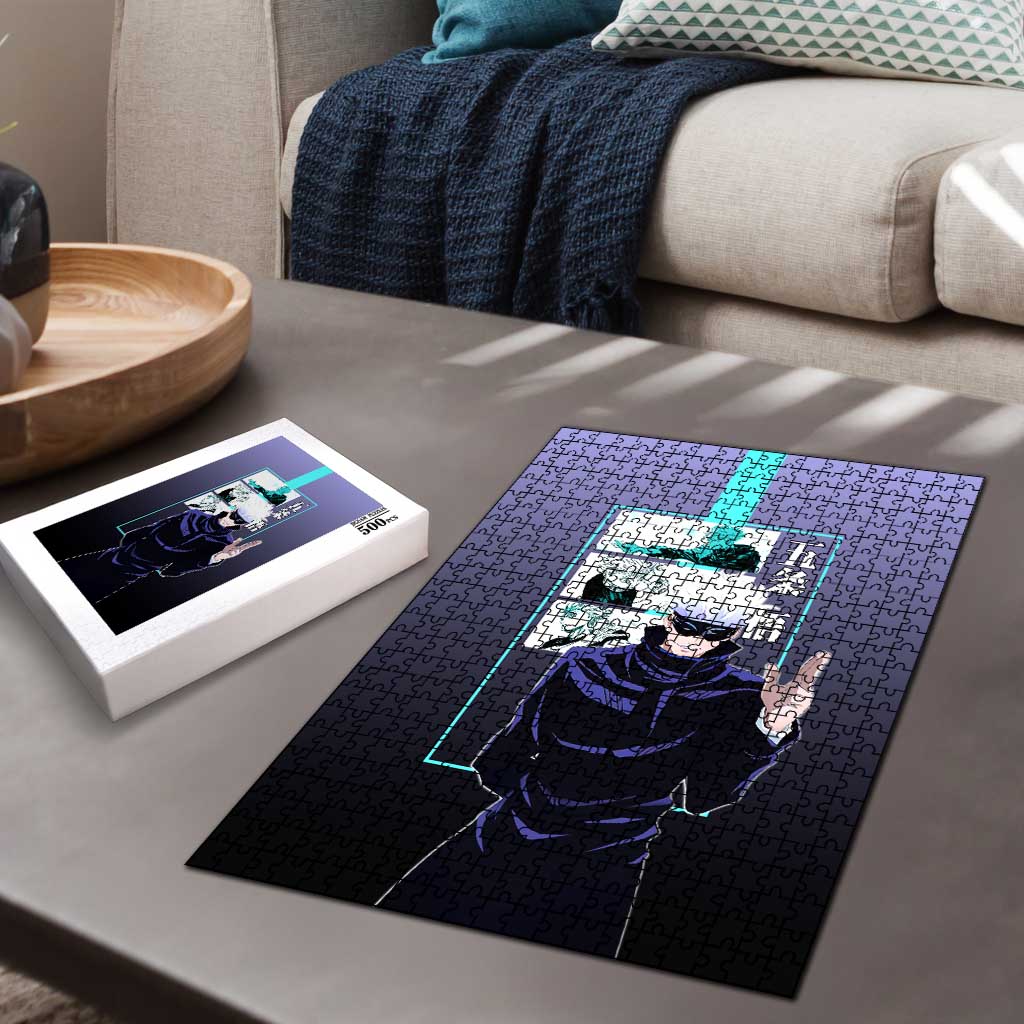 Satoru Gojo from Jujutsu Kaisen Puzzle with Purple and Blue Background and Multiple Poses Design - The Mazicc
