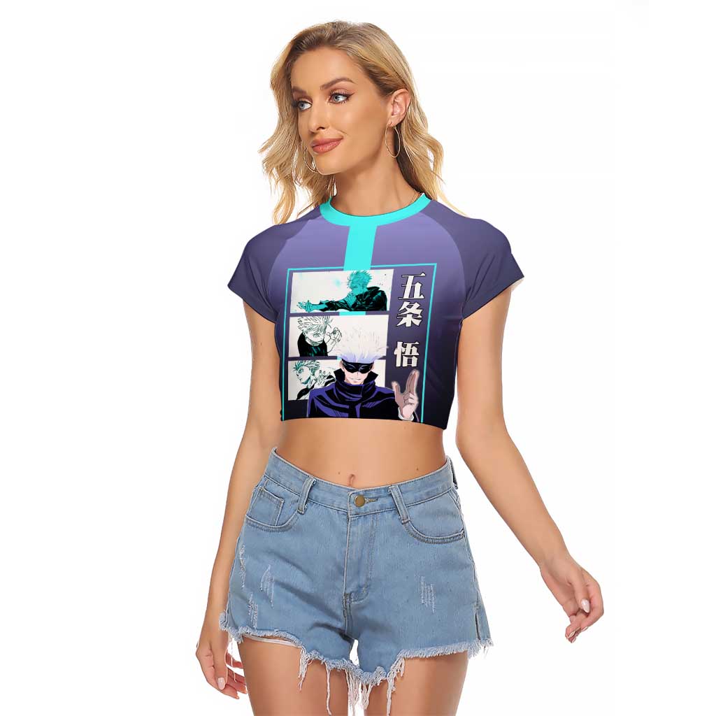 Satoru Gojo from Jujutsu Kaisen Raglan Cropped T Shirt with Purple and Blue Background and Multiple Poses Design - The Mazicc