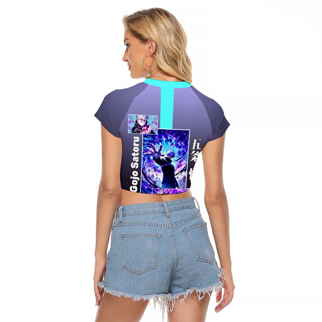 Satoru Gojo from Jujutsu Kaisen Raglan Cropped T Shirt with Purple and Blue Background and Multiple Poses Design - The Mazicc