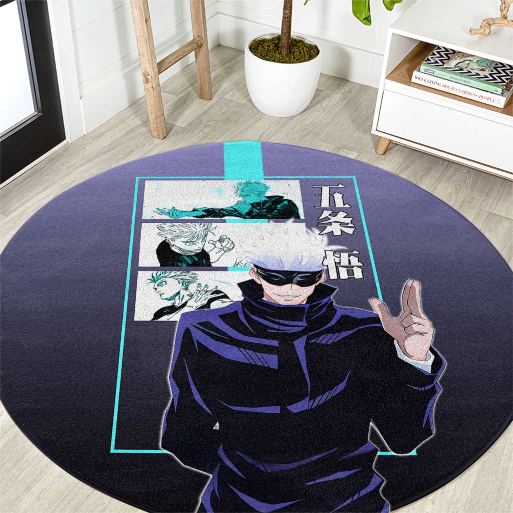 Satoru Gojo from Jujutsu Kaisen Round Carpet with Purple and Blue Background and Multiple Poses Design - The Mazicc