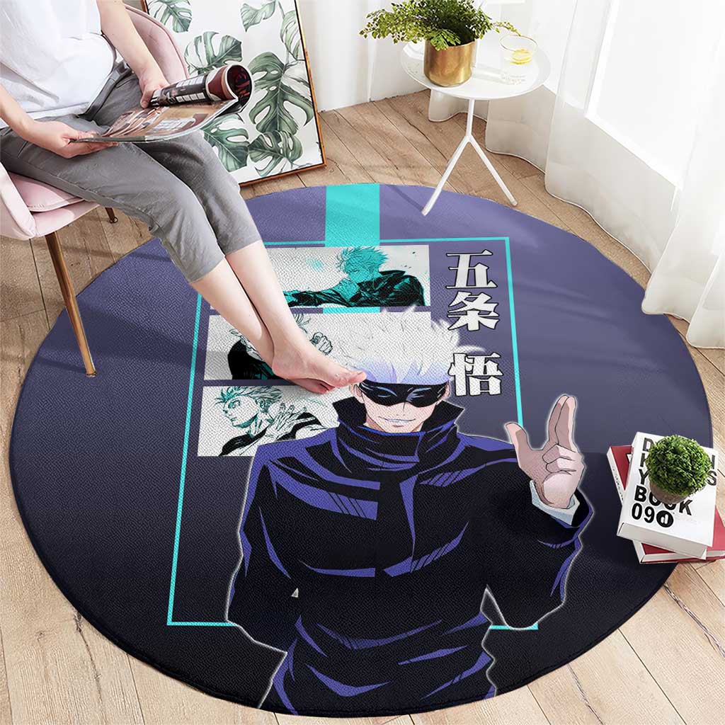 Satoru Gojo from Jujutsu Kaisen Round Carpet with Purple and Blue Background and Multiple Poses Design - The Mazicc