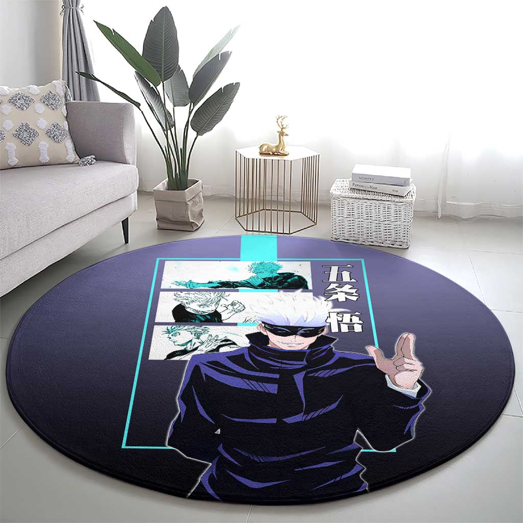 Satoru Gojo from Jujutsu Kaisen Round Carpet with Purple and Blue Background and Multiple Poses Design - The Mazicc