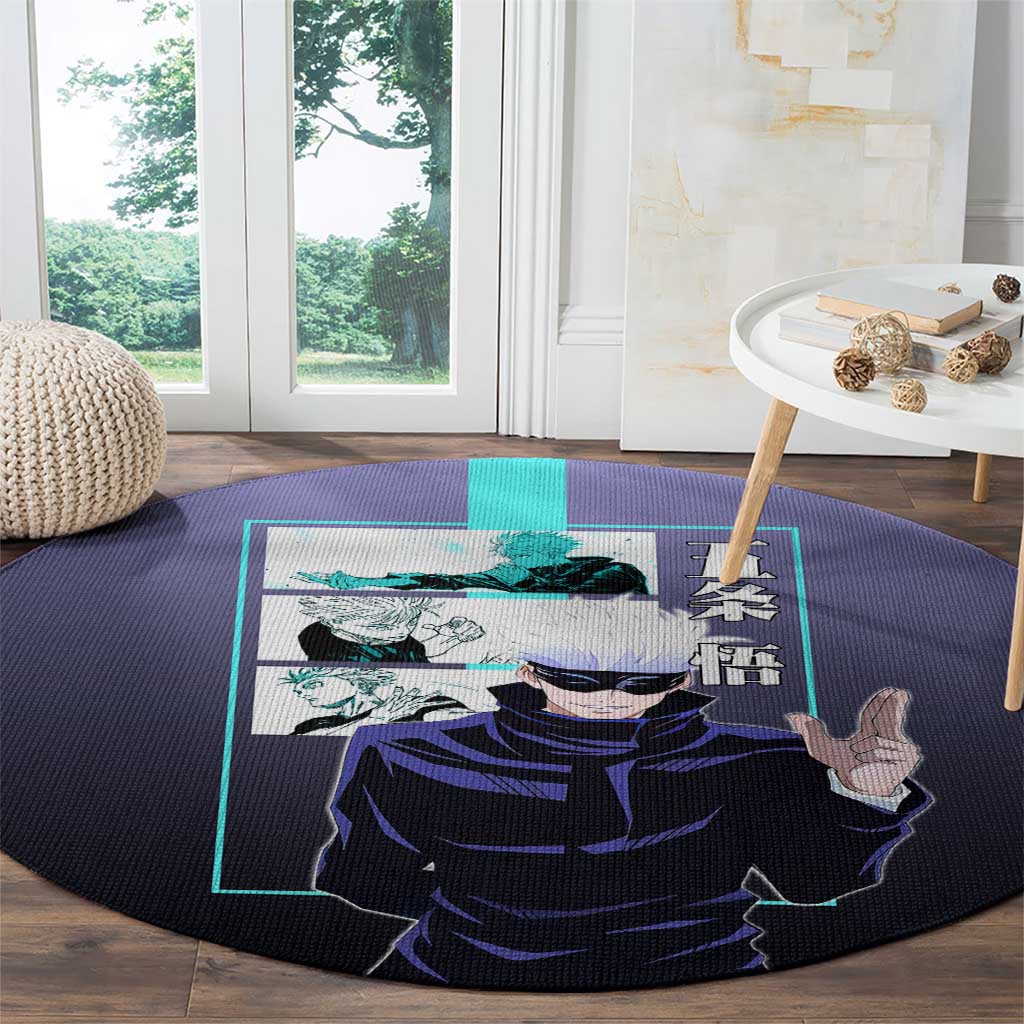 Satoru Gojo from Jujutsu Kaisen Round Carpet with Purple and Blue Background and Multiple Poses Design - The Mazicc