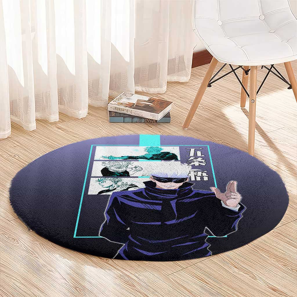 Satoru Gojo from Jujutsu Kaisen Round Carpet with Purple and Blue Background and Multiple Poses Design - The Mazicc