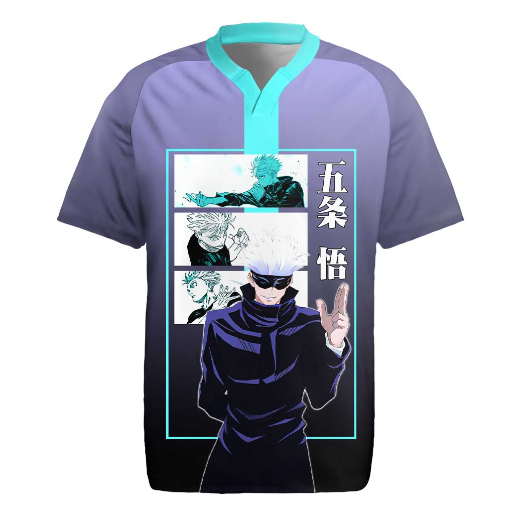 Satoru Gojo from Jujutsu Kaisen Rugby Jersey with Purple and Blue Background and Multiple Poses Design - The Mazicc