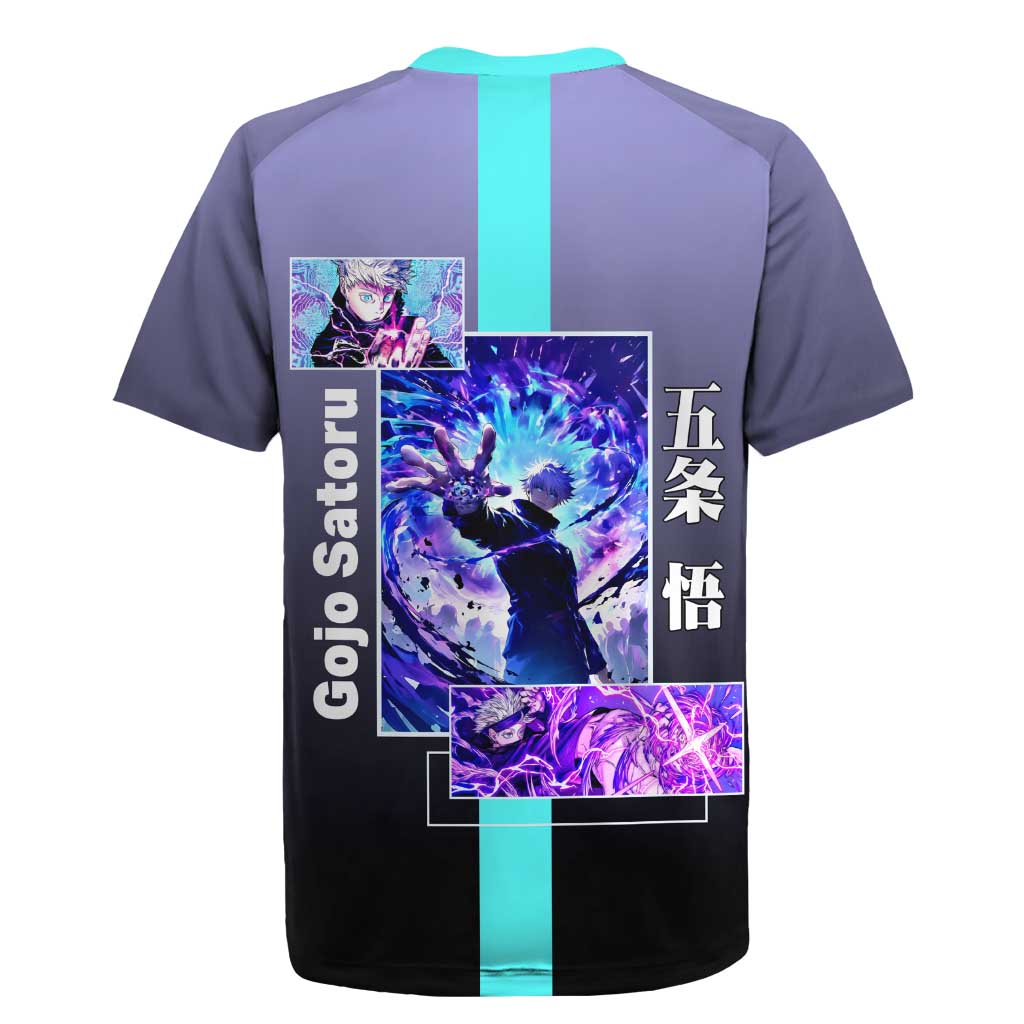 Satoru Gojo from Jujutsu Kaisen Rugby Jersey with Purple and Blue Background and Multiple Poses Design - The Mazicc