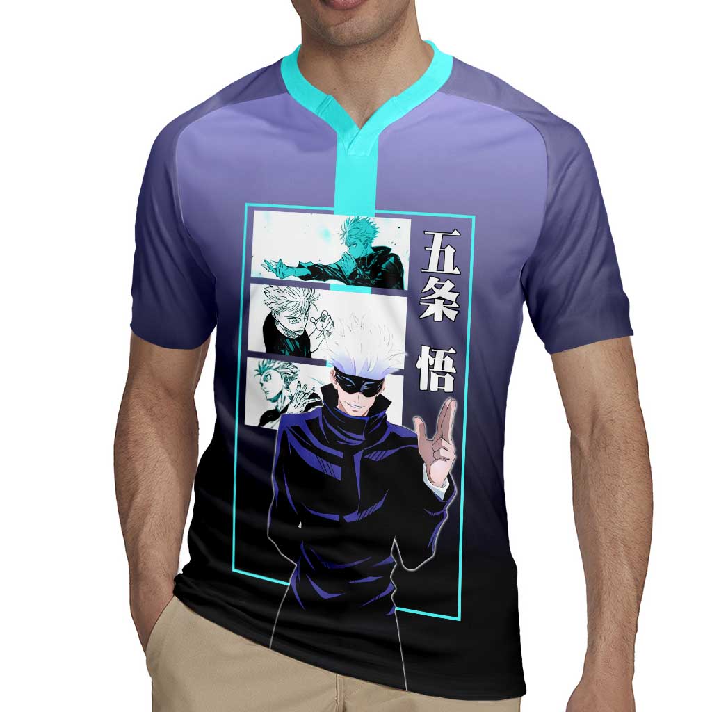 Satoru Gojo from Jujutsu Kaisen Rugby Jersey with Purple and Blue Background and Multiple Poses Design - The Mazicc