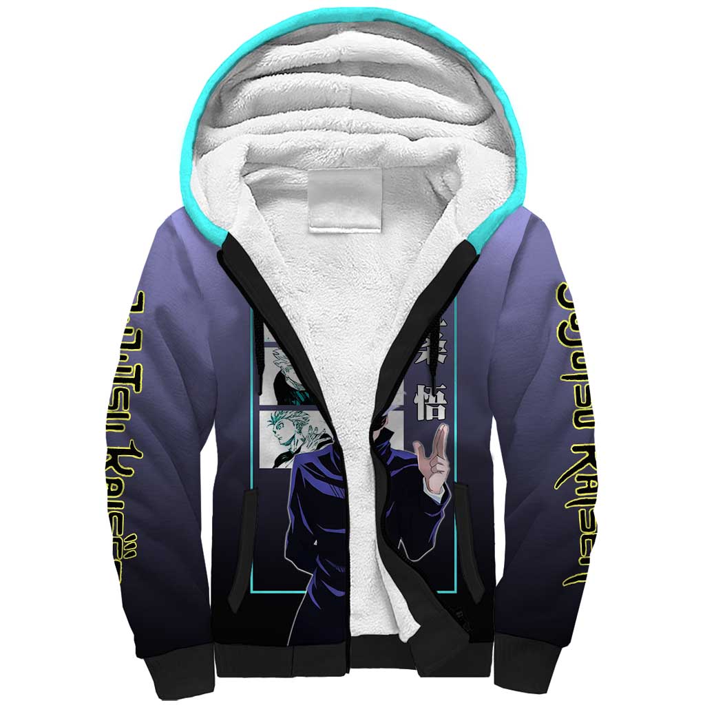 Satoru Gojo from Jujutsu Kaisen Sherpa Hoodie with Purple and Blue Background and Multiple Poses Design - The Mazicc