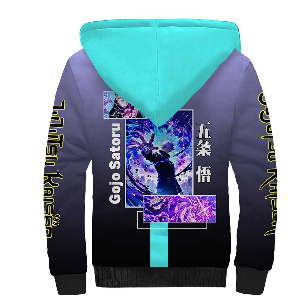 Satoru Gojo from Jujutsu Kaisen Sherpa Hoodie with Purple and Blue Background and Multiple Poses Design - The Mazicc