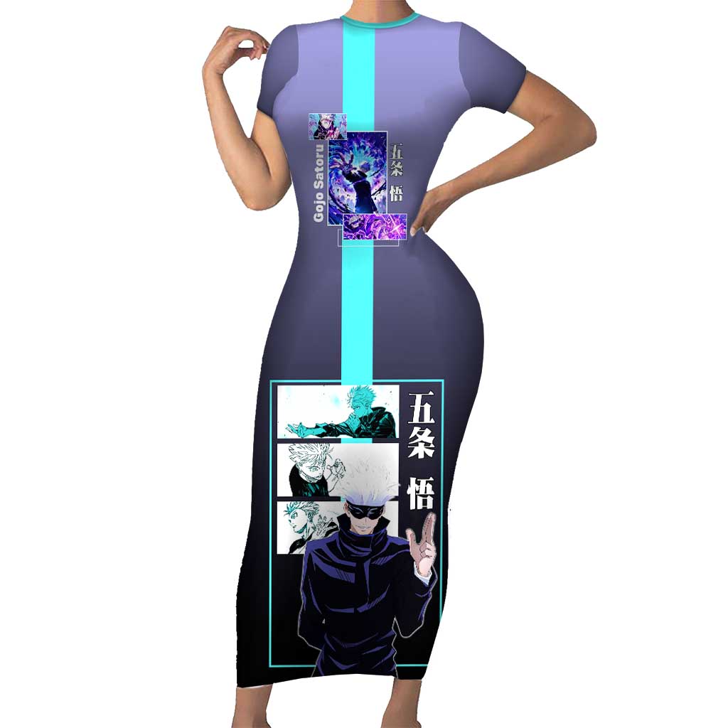 Satoru Gojo from Jujutsu Kaisen Short Sleeve Bodycon Dress with Purple and Blue Background and Multiple Poses Design - The Mazicc