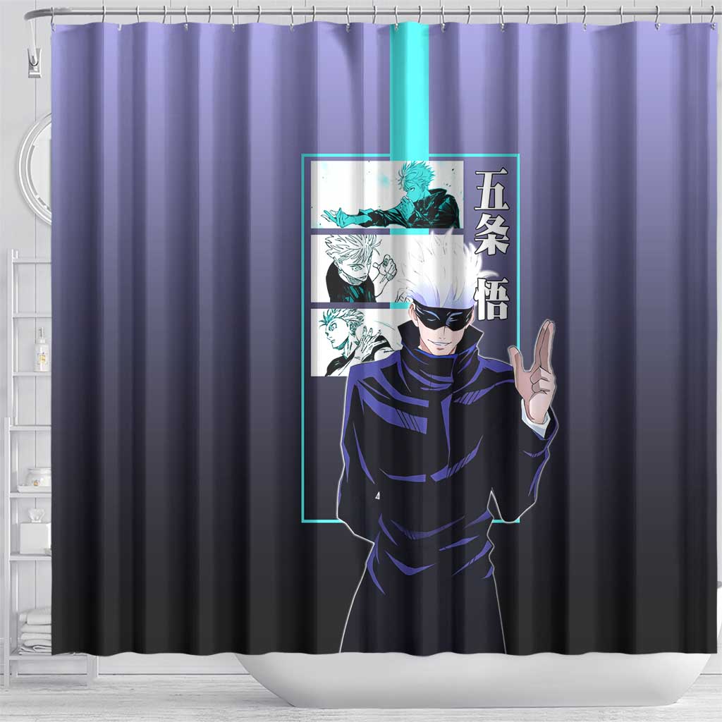 Satoru Gojo from Jujutsu Kaisen Shower Curtain with Purple and Blue Background and Multiple Poses Design - The Mazicc