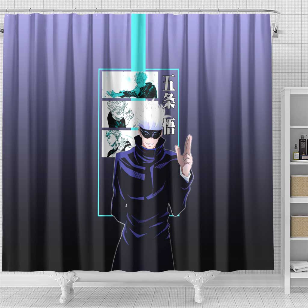 Satoru Gojo from Jujutsu Kaisen Shower Curtain with Purple and Blue Background and Multiple Poses Design - The Mazicc