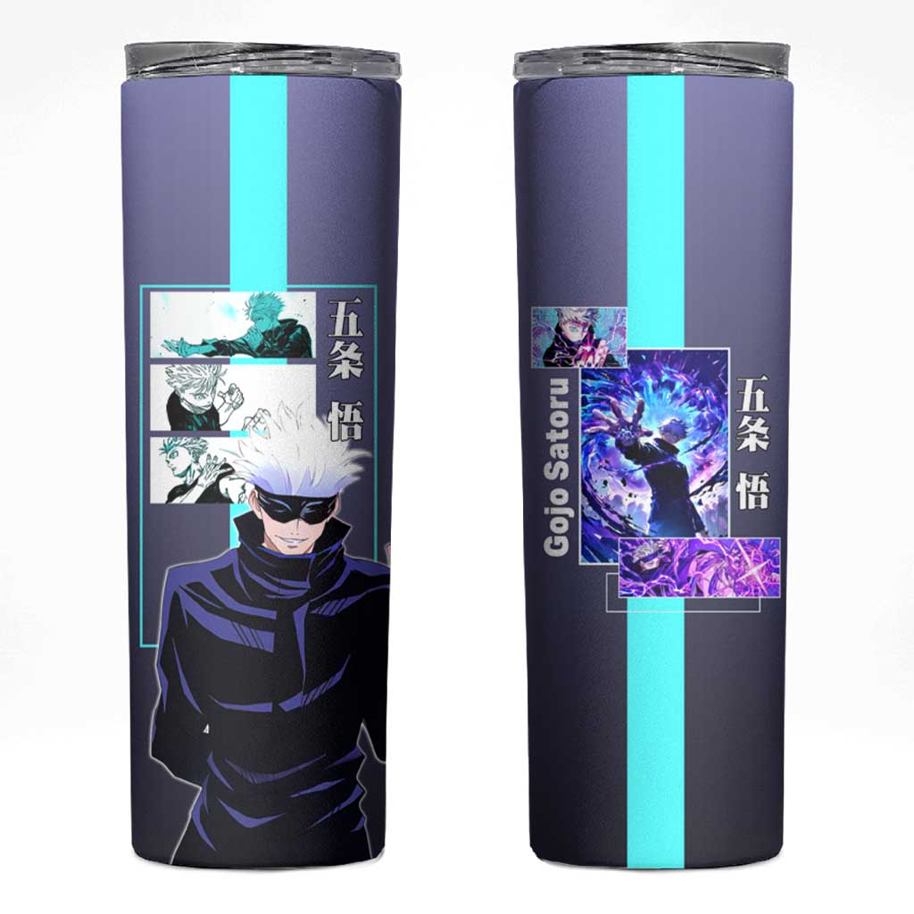 Satoru Gojo from Jujutsu Kaisen Skinny Tumbler with Purple and Blue Background and Multiple Poses Design - The Mazicc