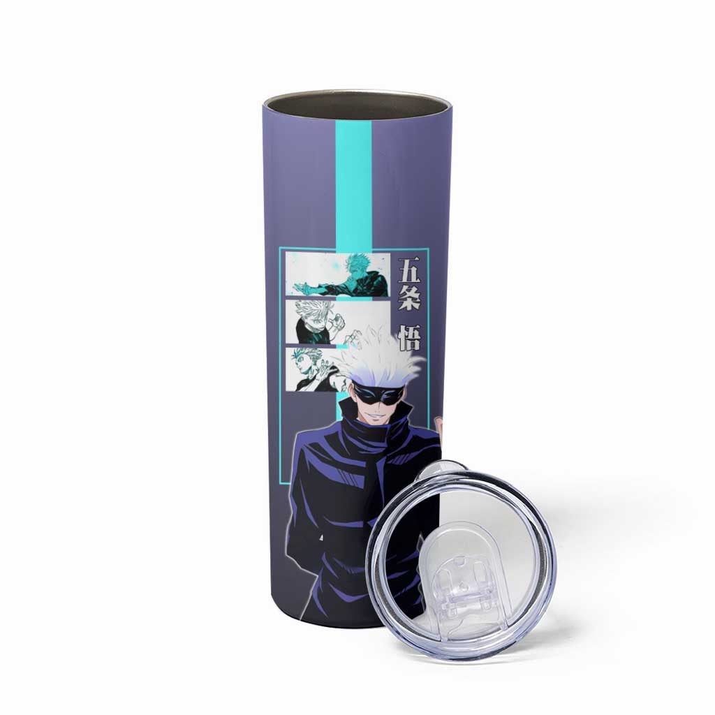 Satoru Gojo from Jujutsu Kaisen Skinny Tumbler with Purple and Blue Background and Multiple Poses Design - The Mazicc