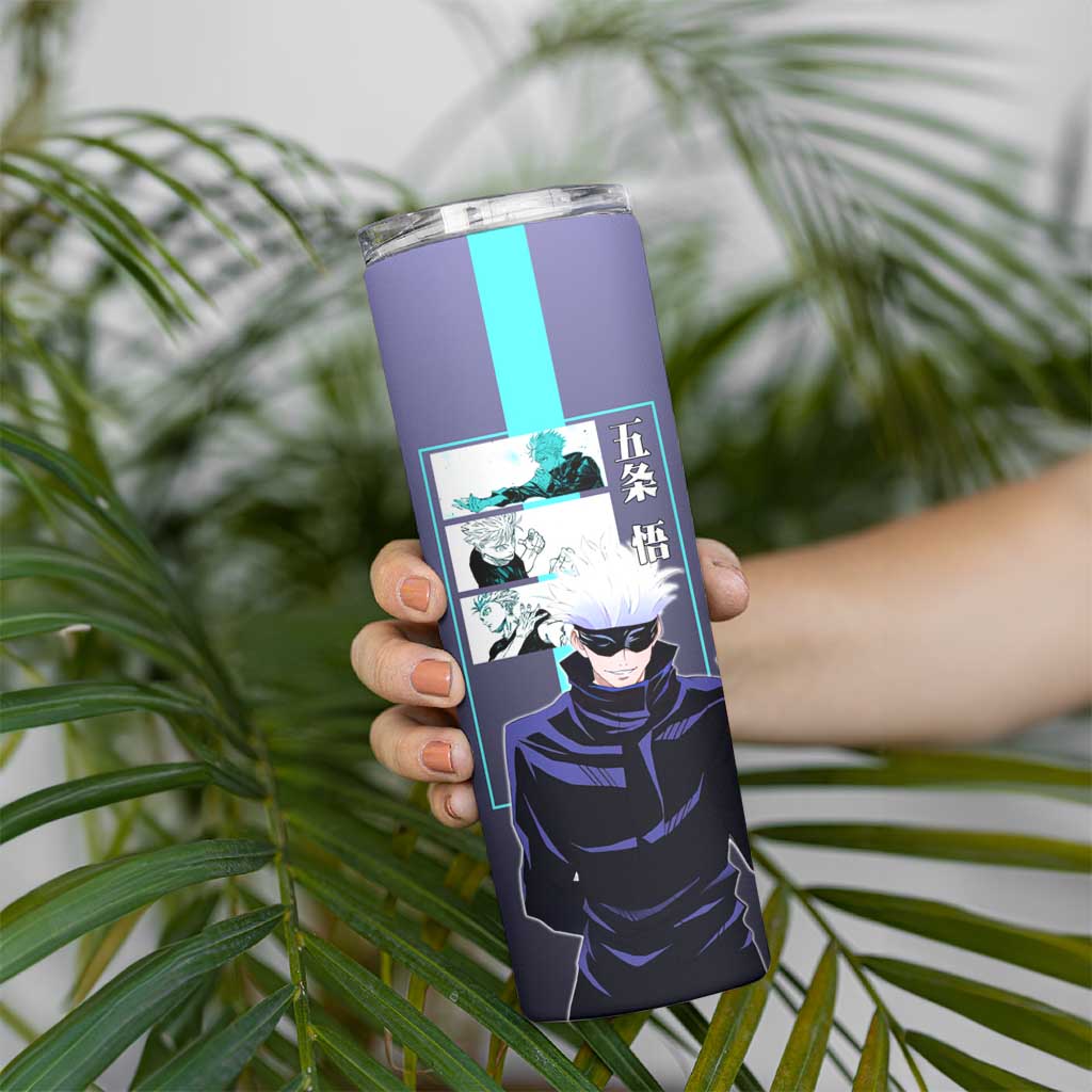Satoru Gojo from Jujutsu Kaisen Skinny Tumbler with Purple and Blue Background and Multiple Poses Design - The Mazicc