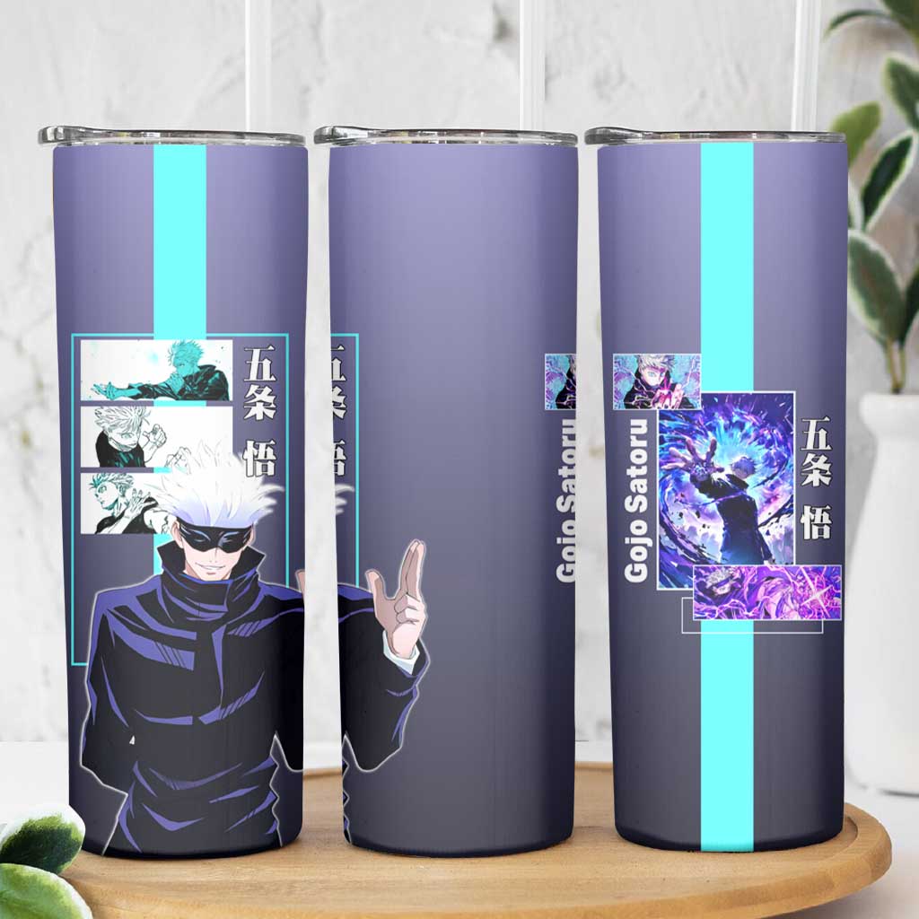 Satoru Gojo from Jujutsu Kaisen Skinny Tumbler with Purple and Blue Background and Multiple Poses Design - The Mazicc