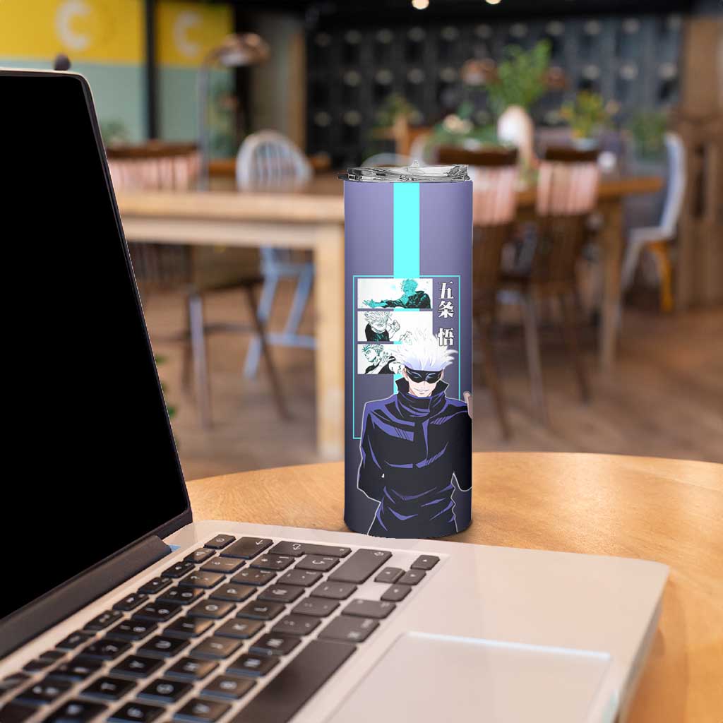 Satoru Gojo from Jujutsu Kaisen Skinny Tumbler with Purple and Blue Background and Multiple Poses Design - The Mazicc
