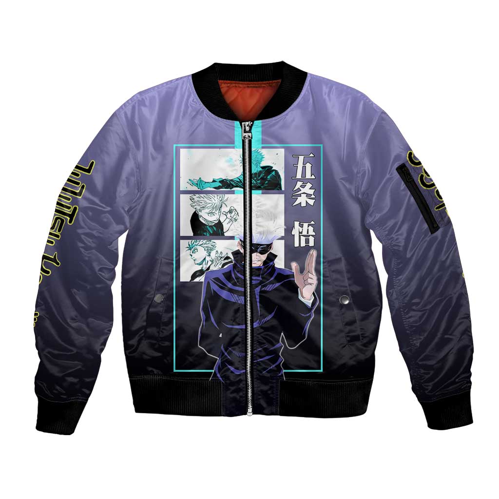 Satoru Gojo from Jujutsu Kaisen Sleeve Zip Bomber Jacket with Purple and Blue Background and Multiple Poses Design - The Mazicc