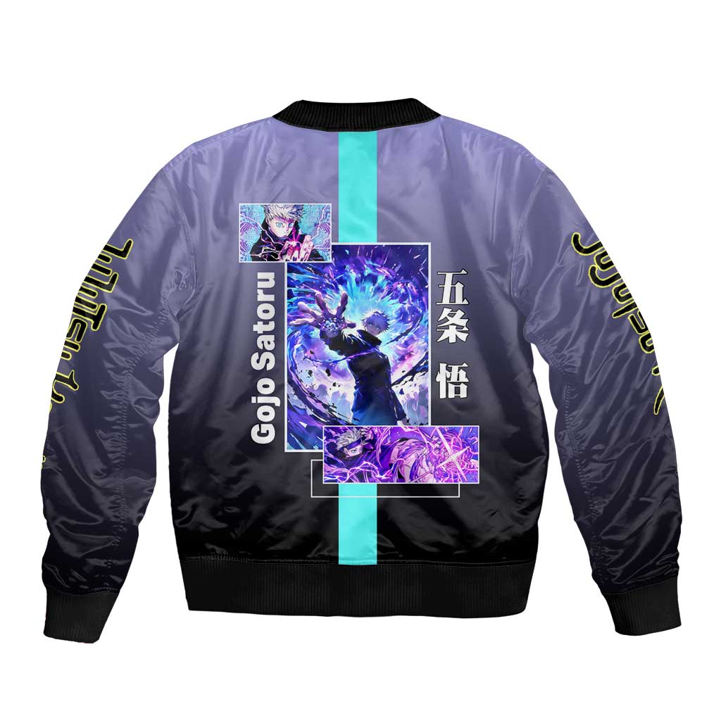 Satoru Gojo from Jujutsu Kaisen Sleeve Zip Bomber Jacket with Purple and Blue Background and Multiple Poses Design - The Mazicc