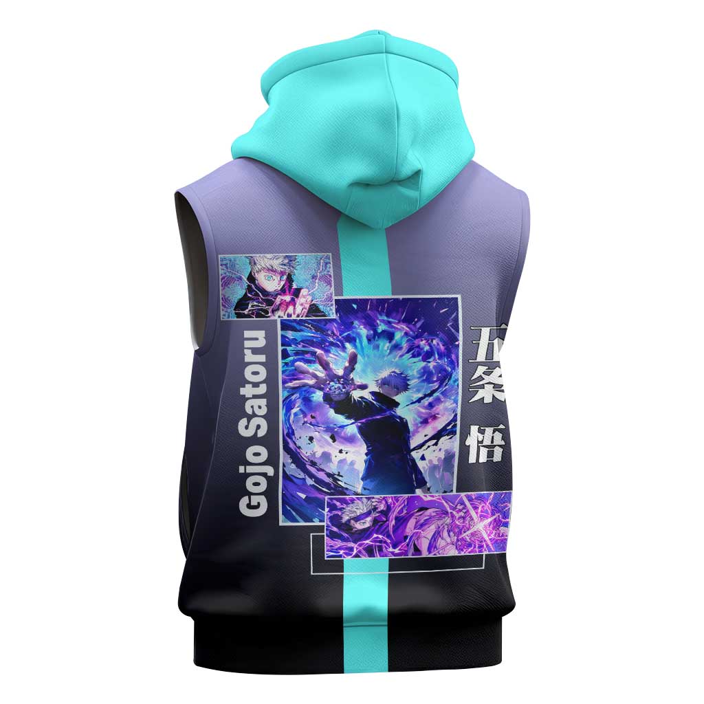 Satoru Gojo from Jujutsu Kaisen Sleeveless Hoodie with Purple and Blue Background and Multiple Poses Design - The Mazicc