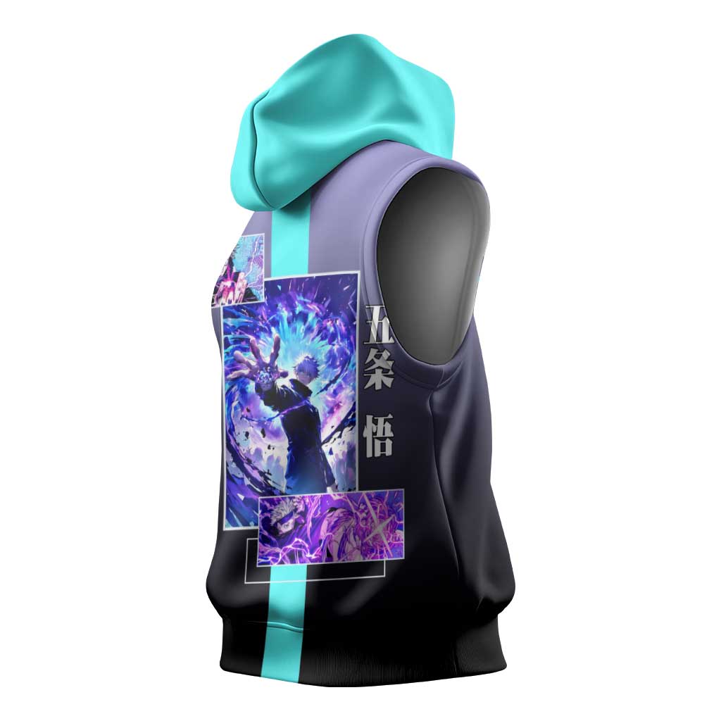 Satoru Gojo from Jujutsu Kaisen Sleeveless Hoodie with Purple and Blue Background and Multiple Poses Design - The Mazicc