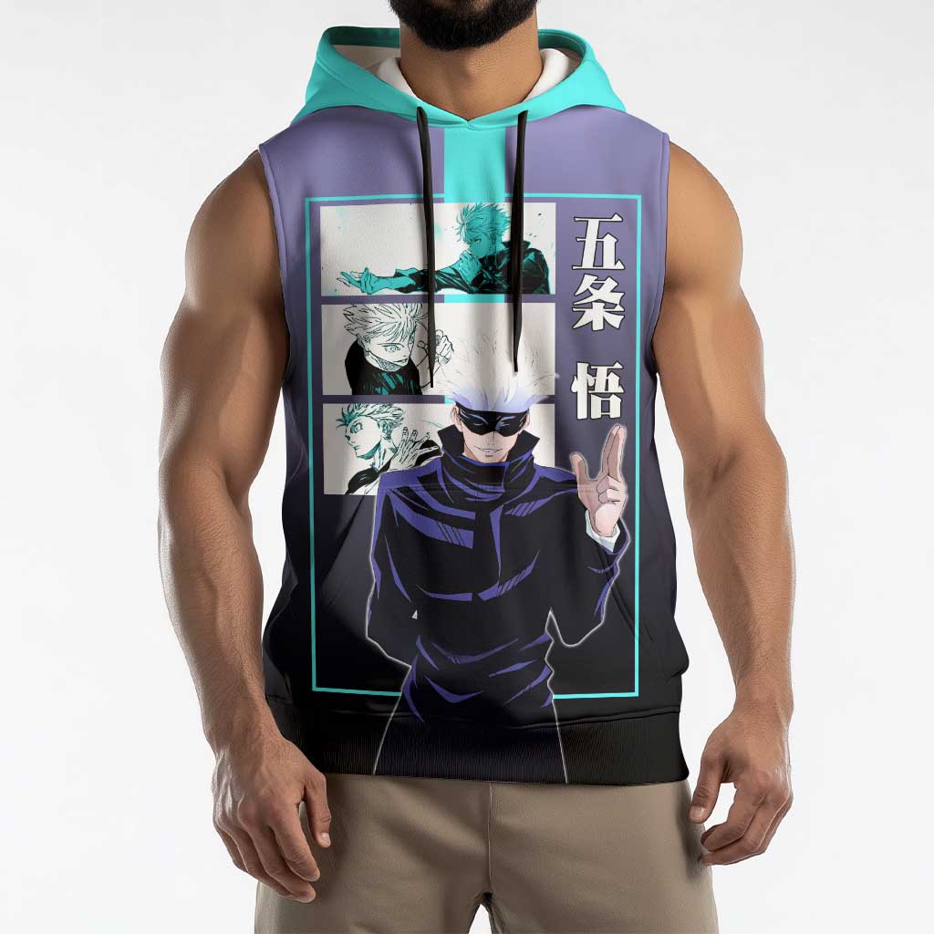 Satoru Gojo from Jujutsu Kaisen Sleeveless Hoodie with Purple and Blue Background and Multiple Poses Design - The Mazicc