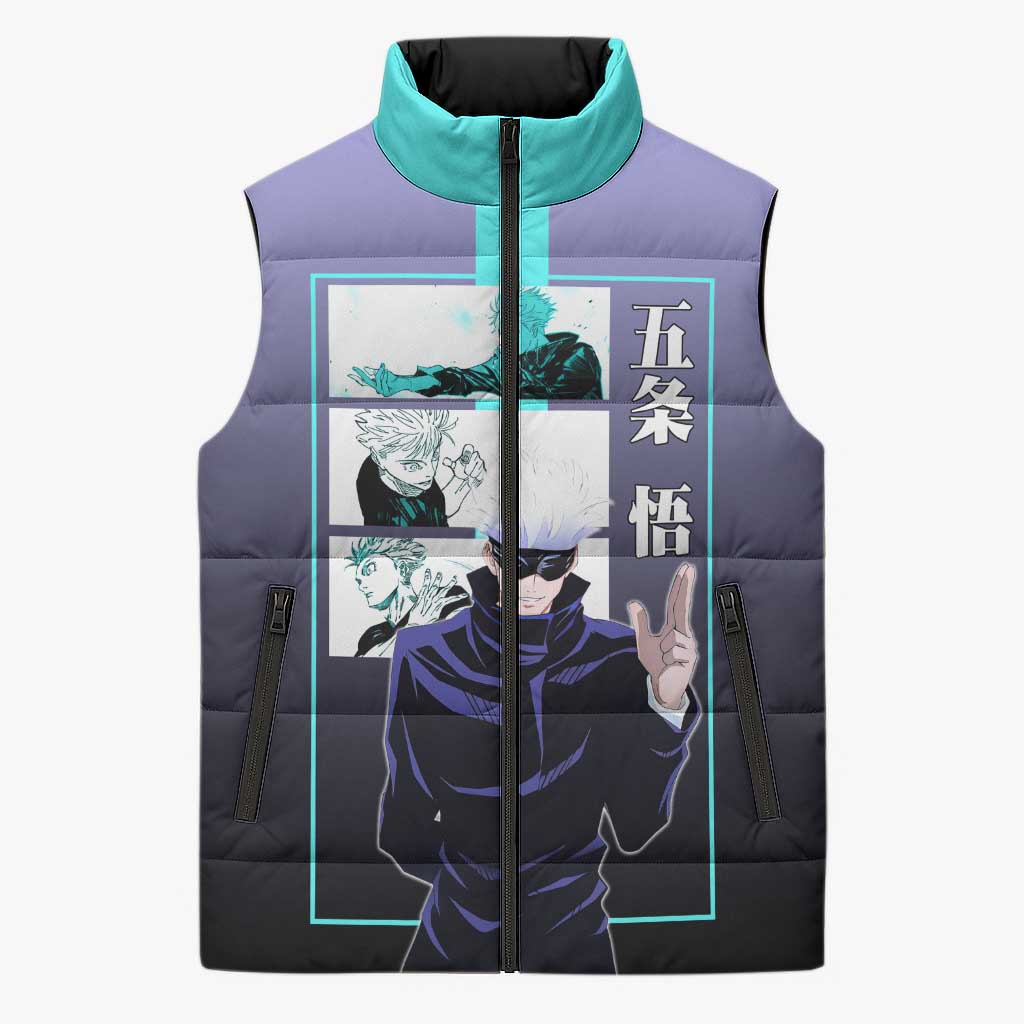 Satoru Gojo from Jujutsu Kaisen Sleeveless Puffer Jacket with Purple and Blue Background and Multiple Poses Design - The Mazicc