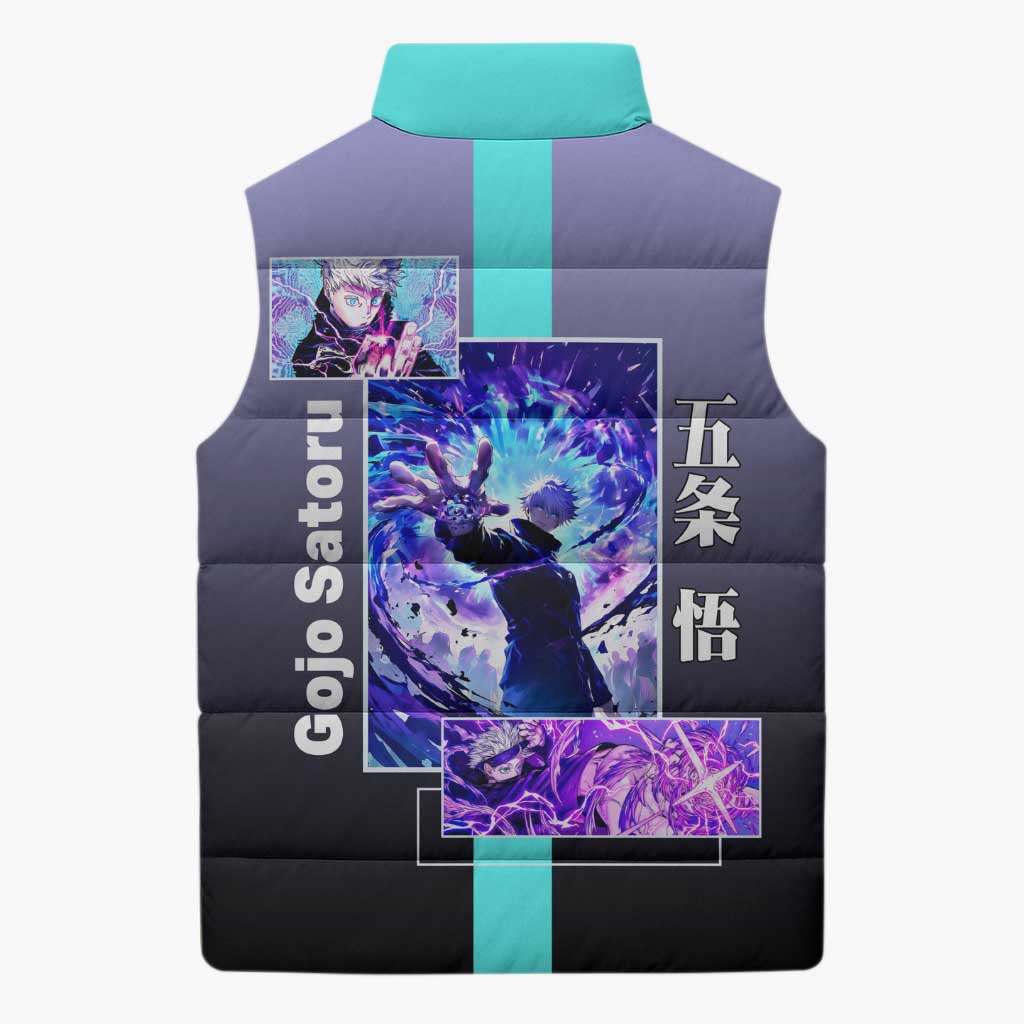 Satoru Gojo from Jujutsu Kaisen Sleeveless Puffer Jacket with Purple and Blue Background and Multiple Poses Design - The Mazicc