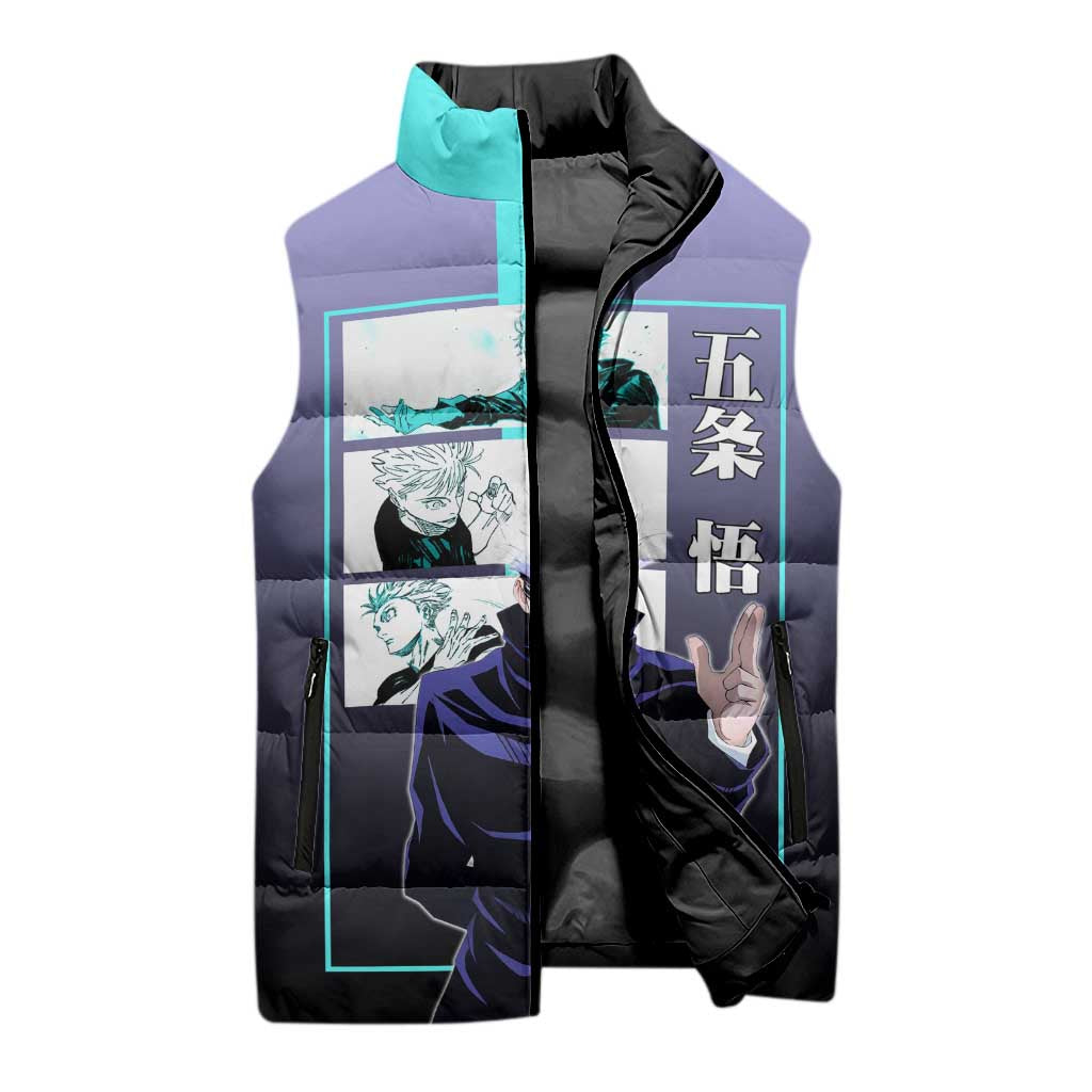 Satoru Gojo from Jujutsu Kaisen Sleeveless Puffer Jacket with Purple and Blue Background and Multiple Poses Design - The Mazicc
