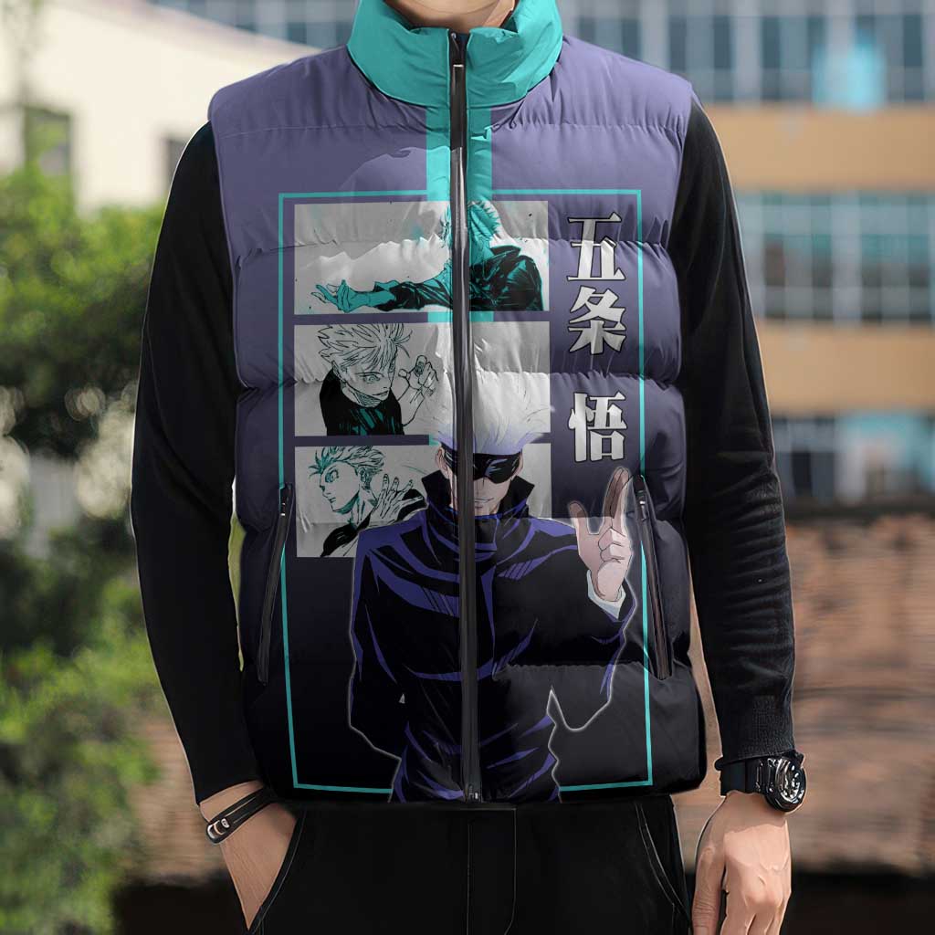 Satoru Gojo from Jujutsu Kaisen Sleeveless Puffer Jacket with Purple and Blue Background and Multiple Poses Design - The Mazicc