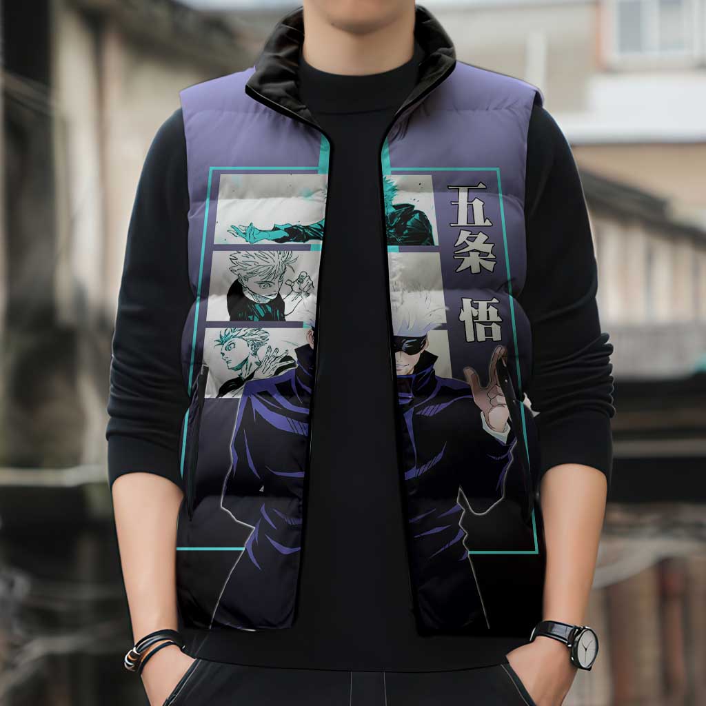 Satoru Gojo from Jujutsu Kaisen Sleeveless Puffer Jacket with Purple and Blue Background and Multiple Poses Design - The Mazicc