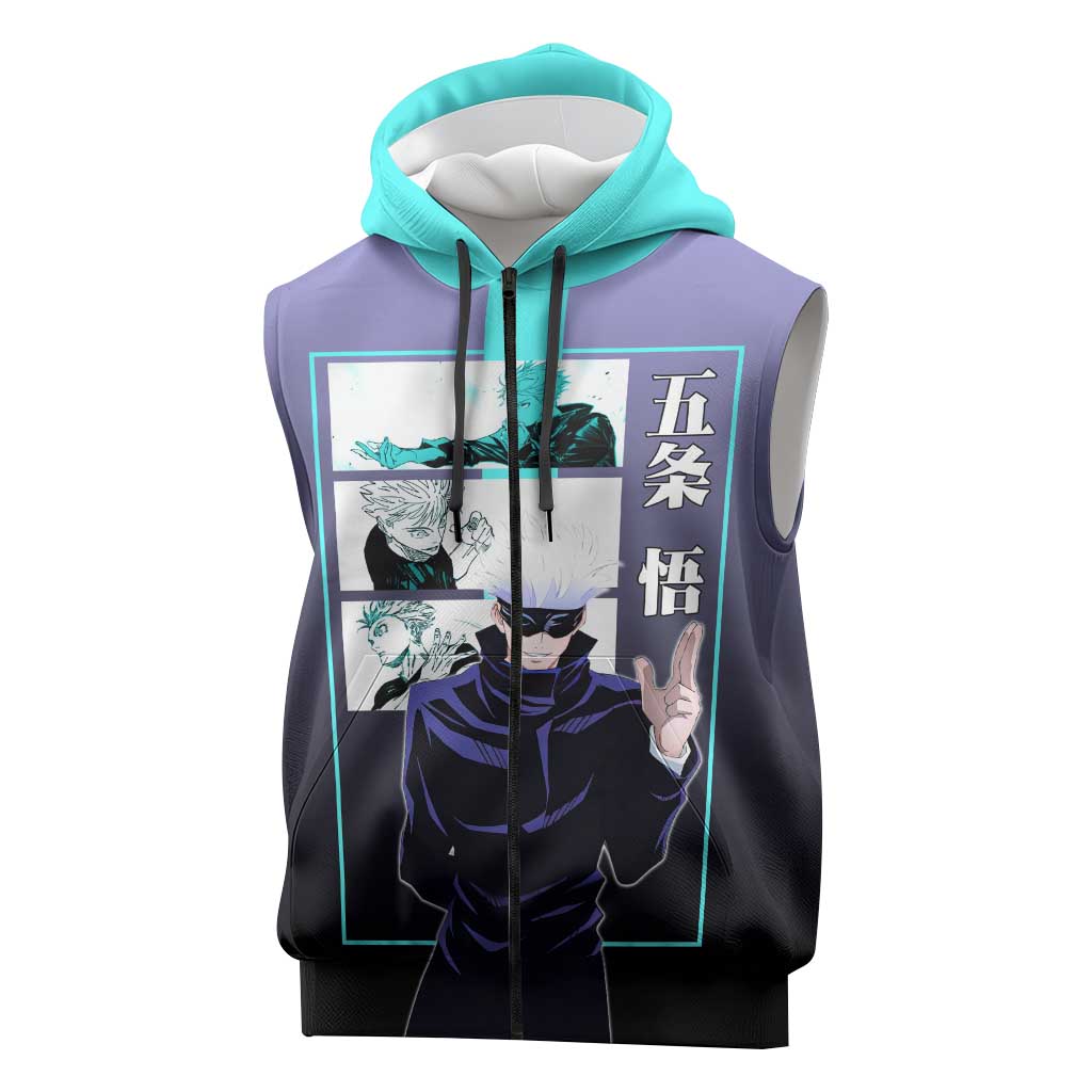 Satoru Gojo from Jujutsu Kaisen Sleeveless Zip Hoodie with Purple and Blue Background and Multiple Poses Design - The Mazicc