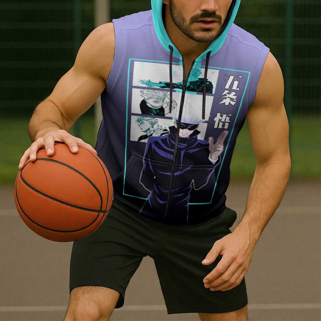 Satoru Gojo from Jujutsu Kaisen Sleeveless Zip Hoodie with Purple and Blue Background and Multiple Poses Design - The Mazicc